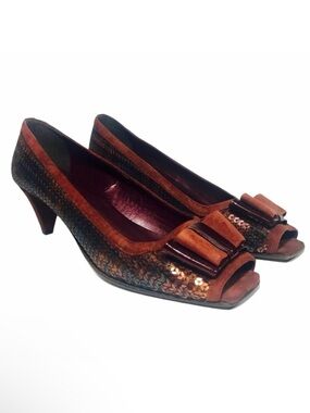 SESTO MEUCCI Sequin Suede Peep Toe Pumps